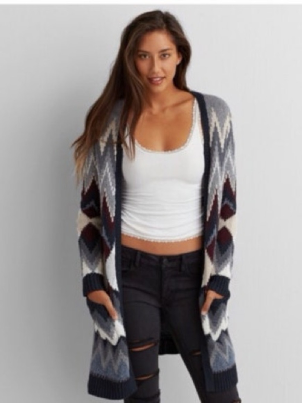 Knit Geometric Pattern Long Duster Cardigan
